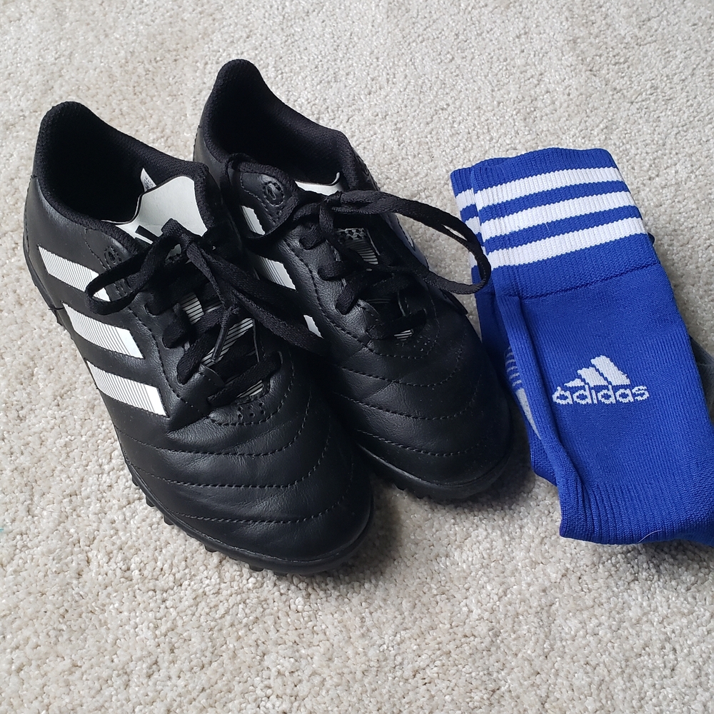 Adidas Black Cleats with Blue Striped Socks